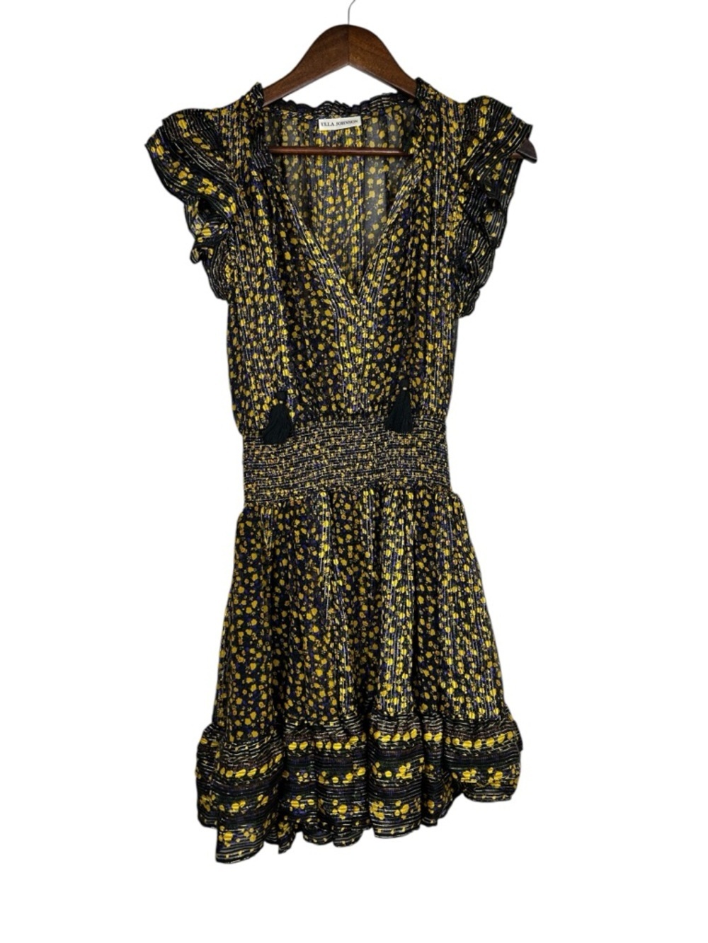 Ulla Johnson Black Yellow Floral Ruffle Boho Mini Dress XS 2 - Picture 6 of 10